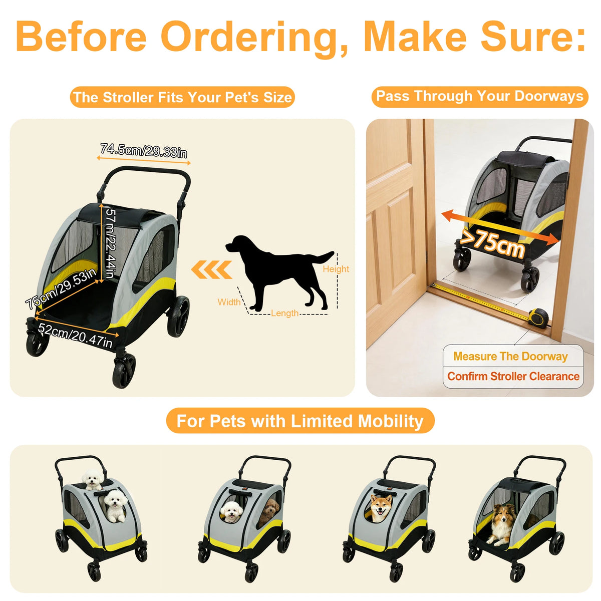 Foldable Four Wheel Dog Stroller With Shock Absorbing Swivel Wheels
