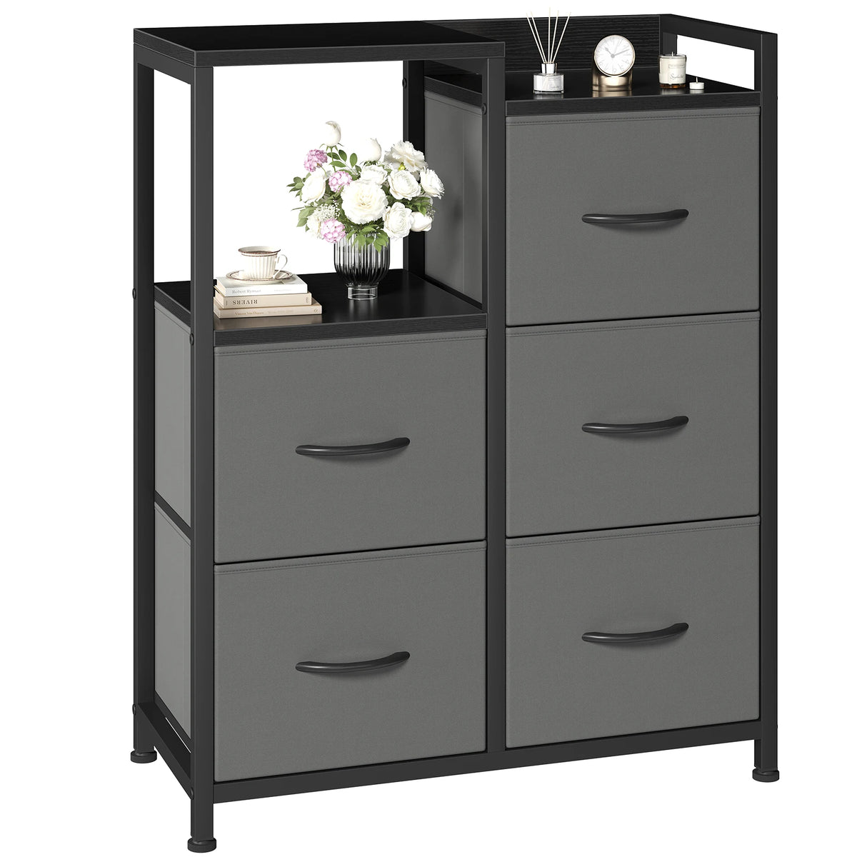 JHK Metal Frame Five Drawer Fabric Chest With Raised Shelf