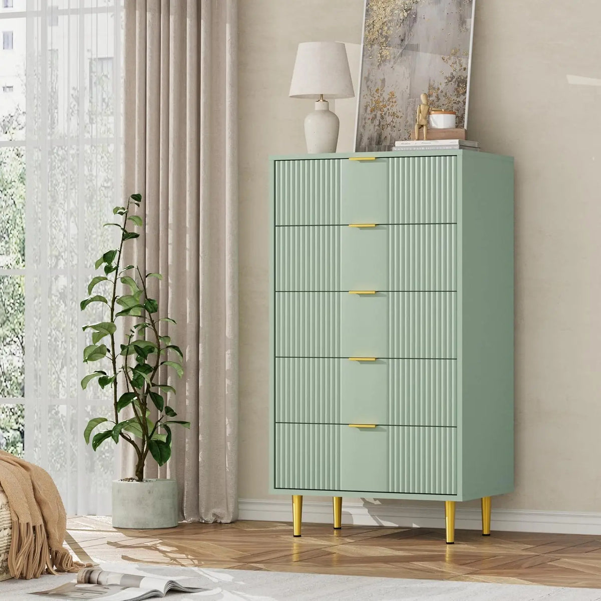 Gaomon Modern Fluted Five Drawer Wooden Storage Dresser