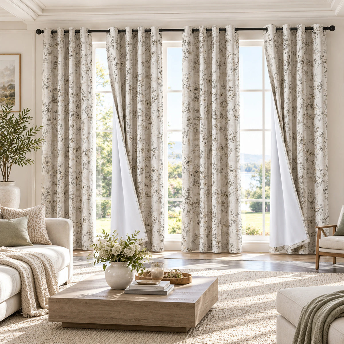 Floral Print Blackout Curtains With Thermal Insulation And Grommets