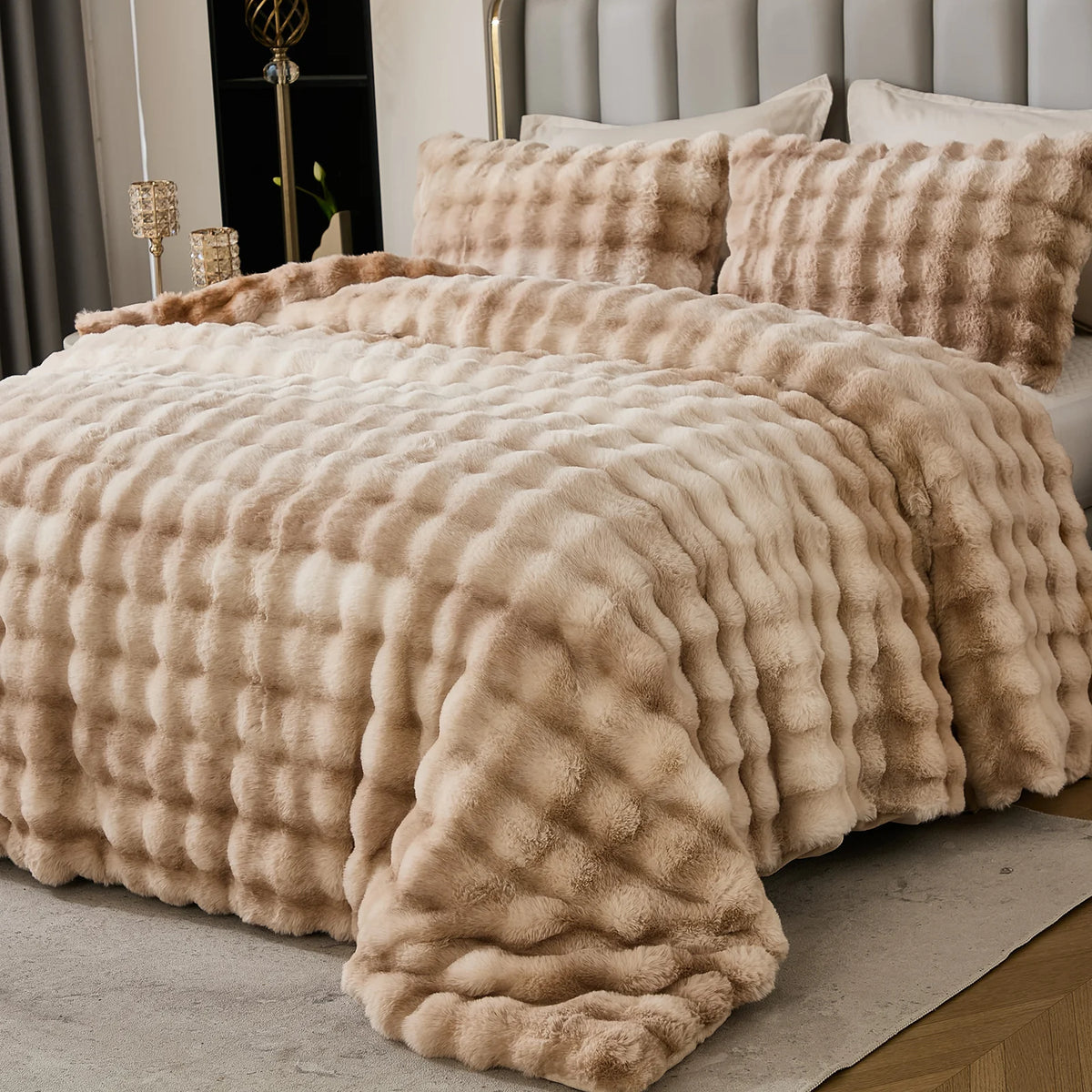 Luxury Fluffy Bubble Comforter Set With Shaggy Faux Fur Design
