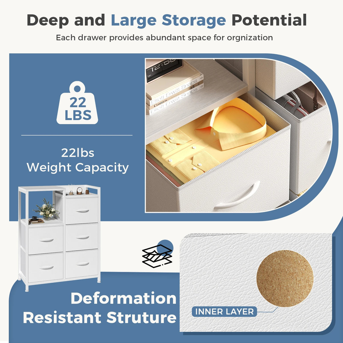 JHK Metal Frame Five Drawer Fabric Chest With Raised Shelf