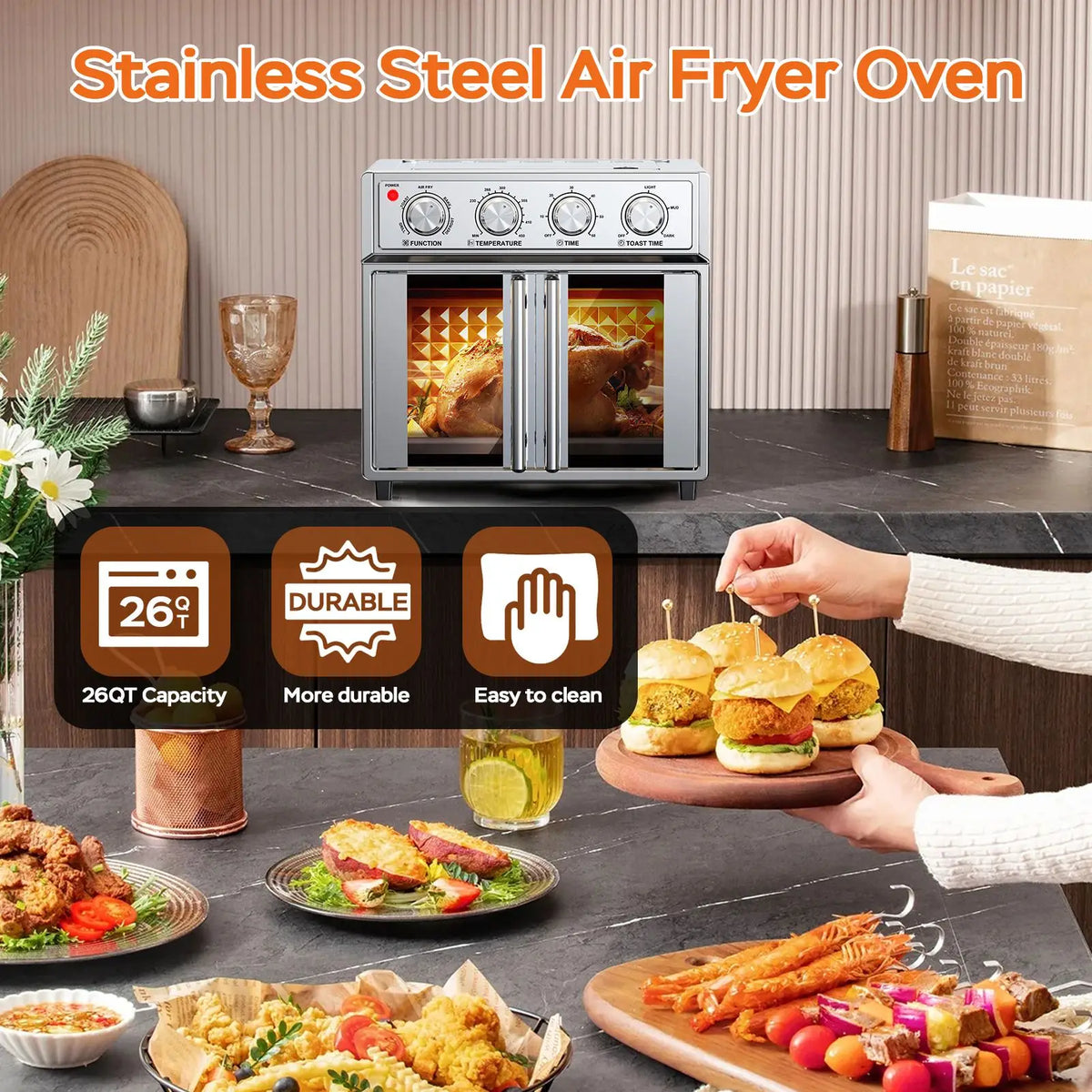 Stainless Steel French Door Air Fryer Convection Toaster Oven 1700W