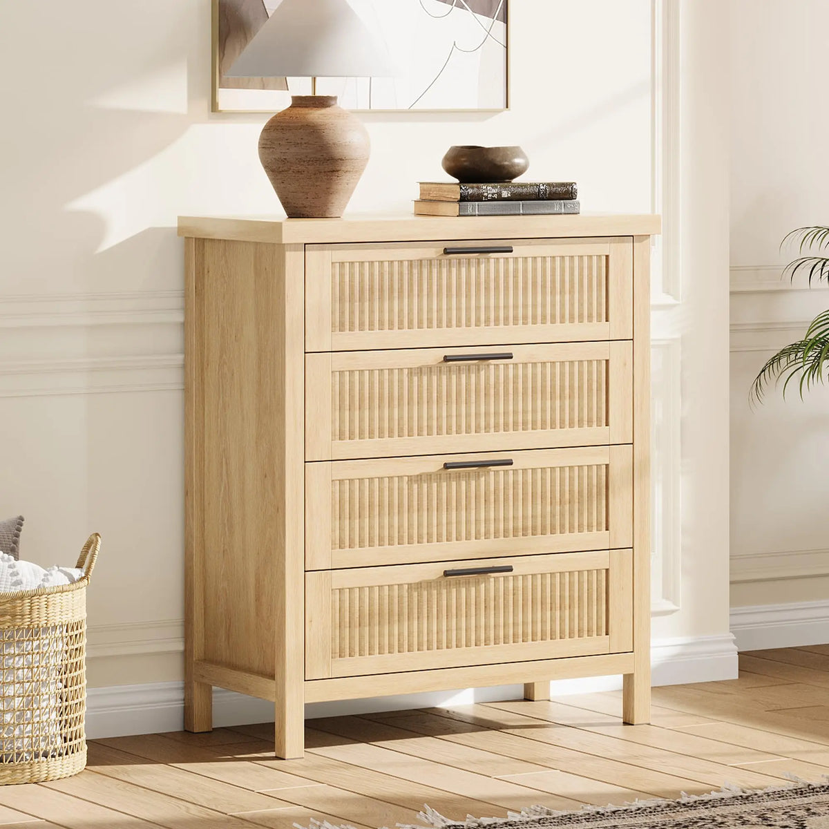 Fluted Wooden Dresser Featuring Deep Drawers For Bedroom Storage