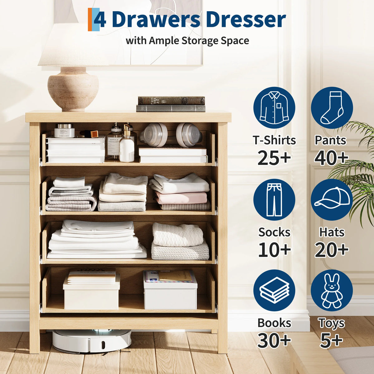 Fluted Wooden Dresser Featuring Deep Drawers For Bedroom Storage