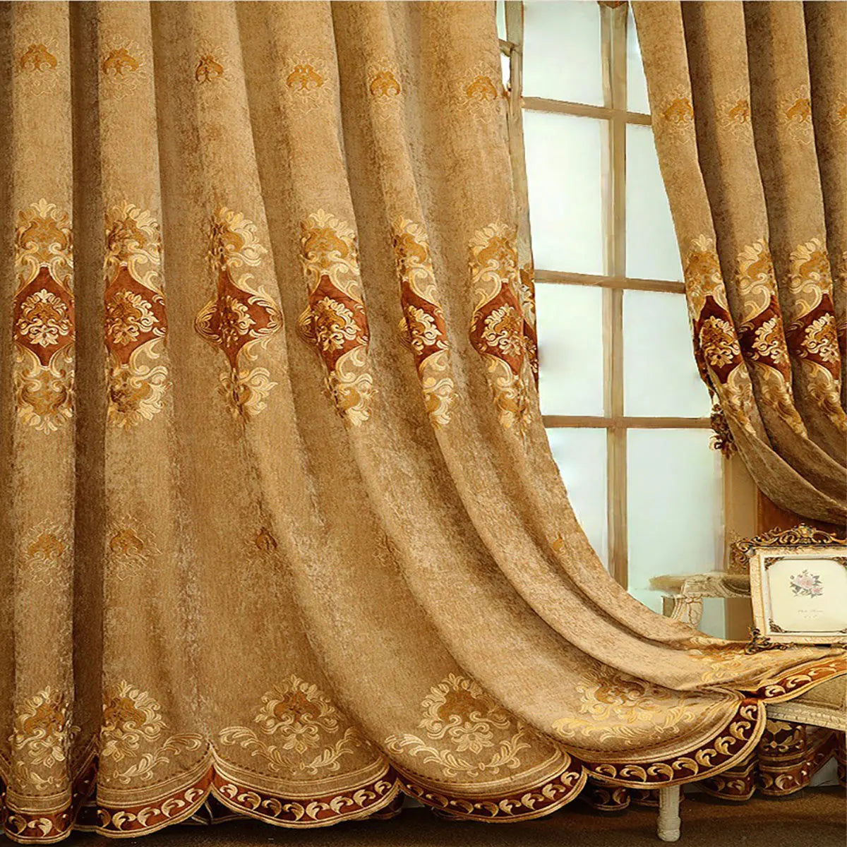 European Floral Embroidered Chenille Curtains With Grommet Top