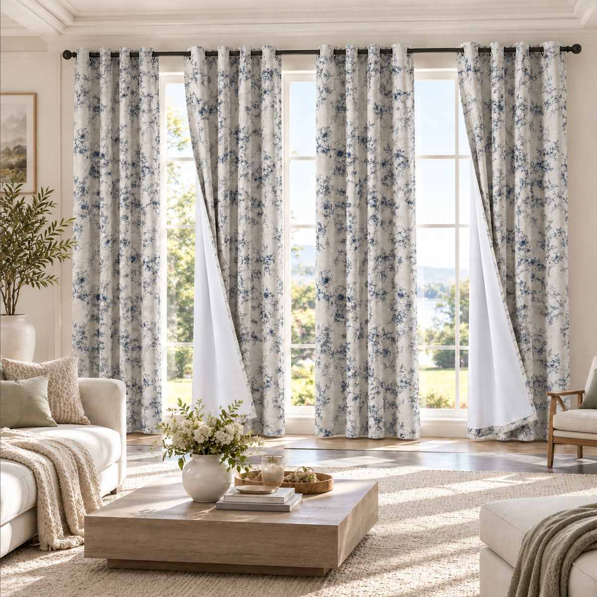 Floral Print Blackout Curtains With Thermal Insulation And Grommets