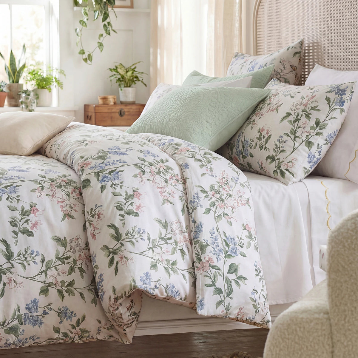 Vintage Floral Cotton Duvet Cover Set With Zipper Closure
