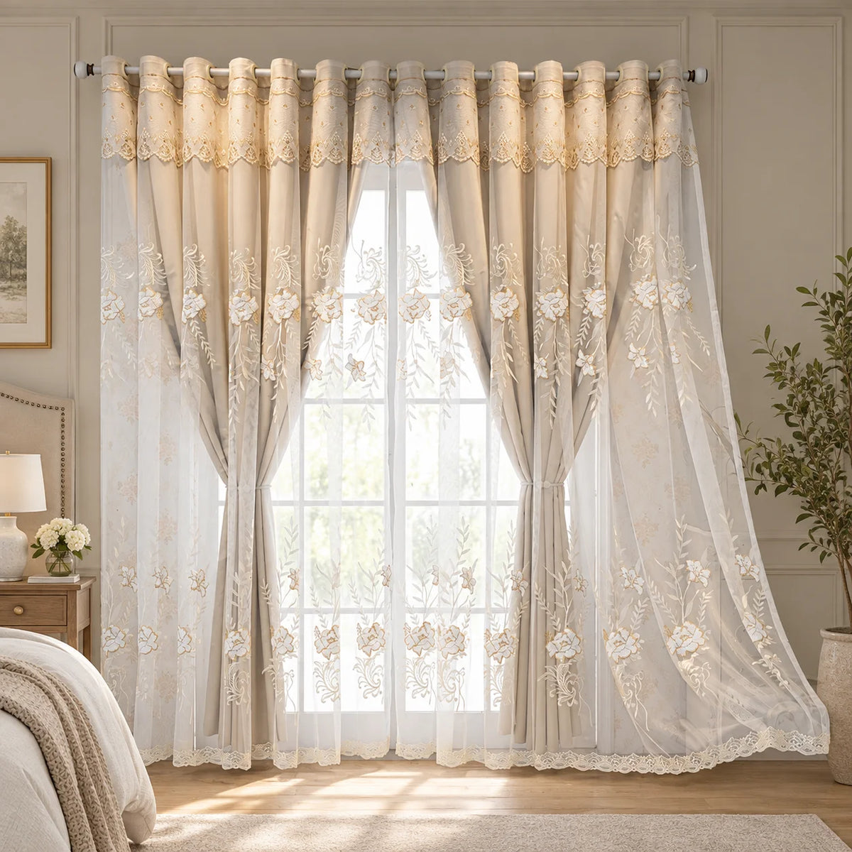 Floral Embossed Blackout Curtain With Grommet For Bedroom
