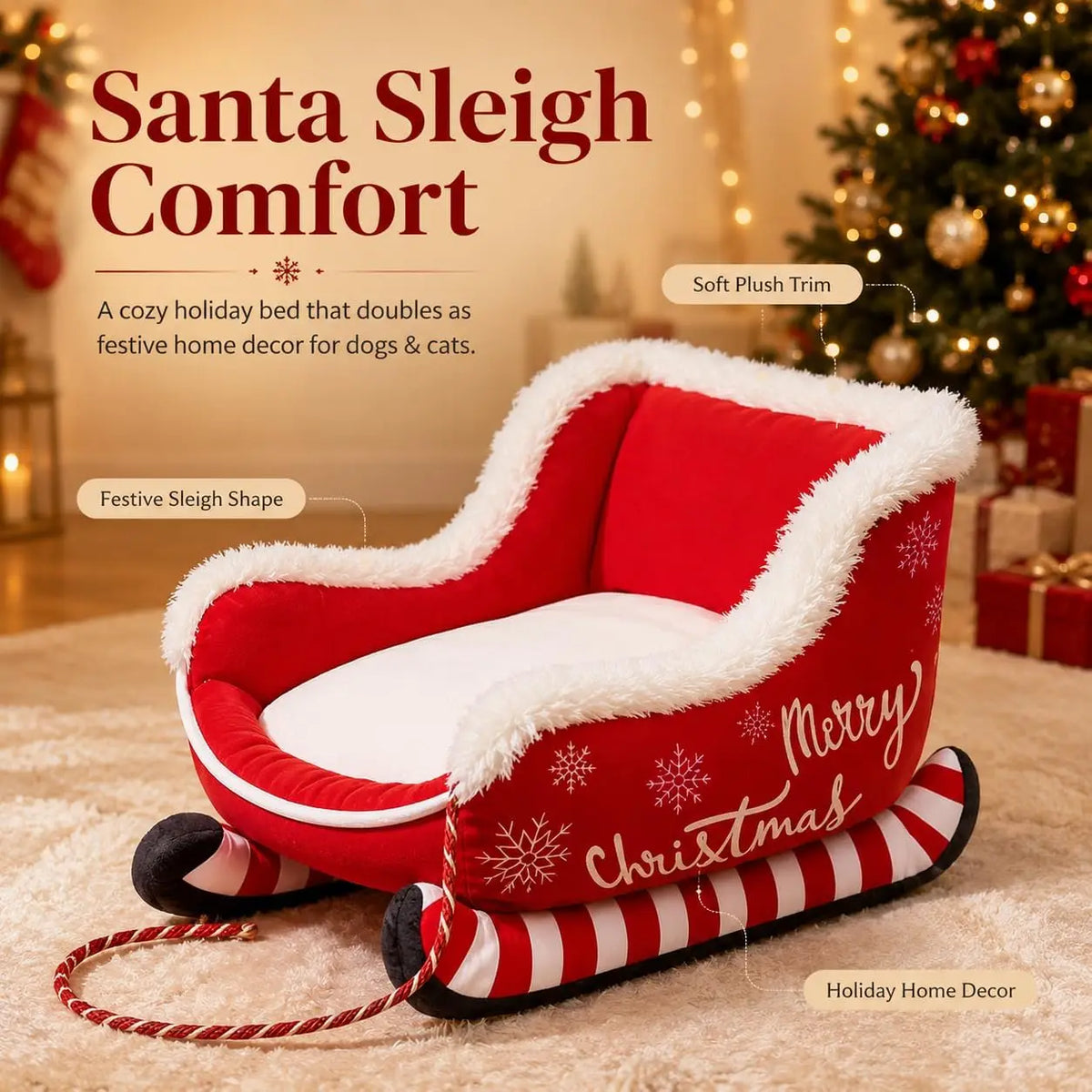 Christmas Plush Sleigh Shaped Calming Pet Sofa Bed