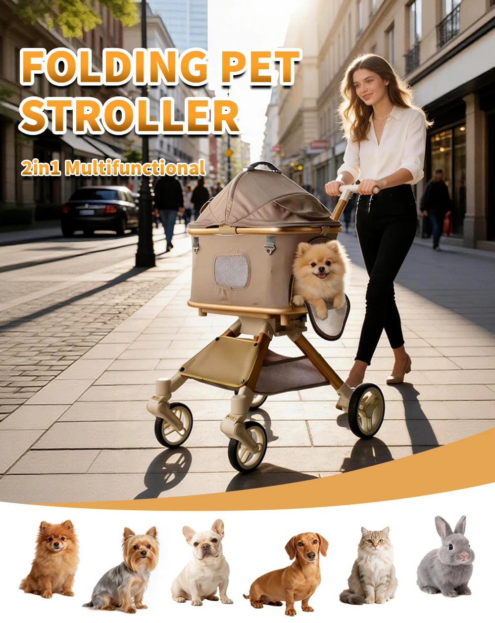 Premium Pet Stroller For Dogs And Cats With Safety Leashes
