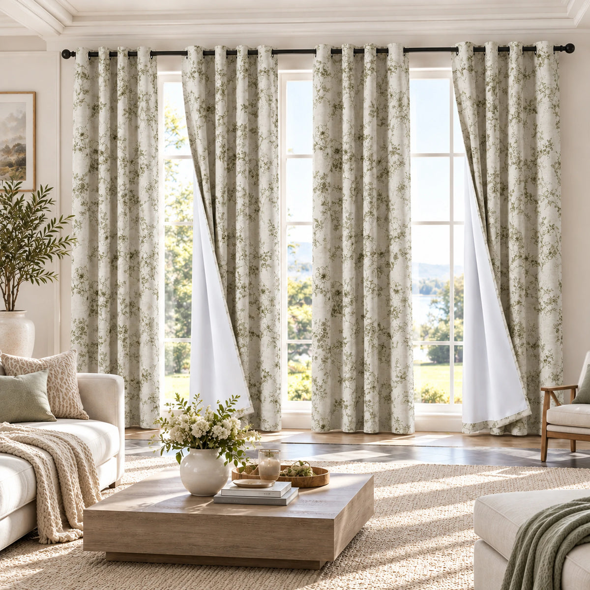 Floral Print Blackout Curtains With Thermal Insulation And Grommets