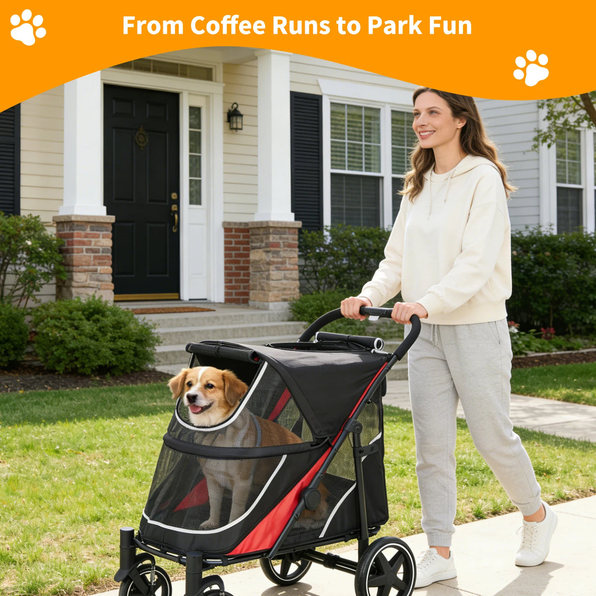 Foldable Dog Stroller with Adjustable Handle Canopy for Large Pets