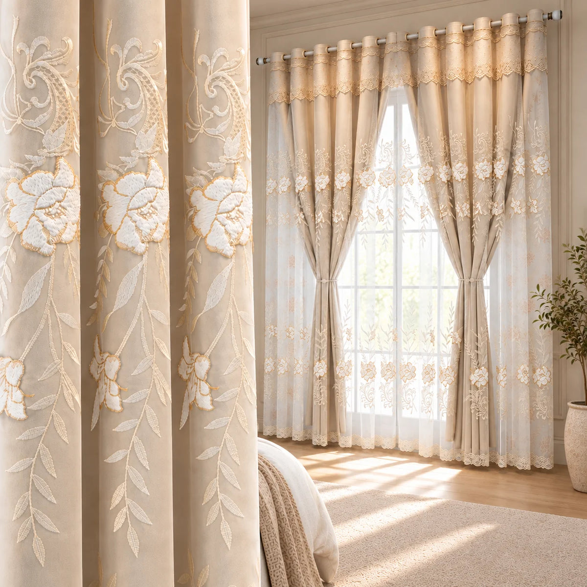 Floral Embossed Blackout Curtain With Grommet For Bedroom