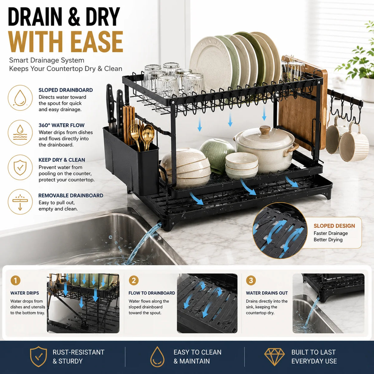 AEHOME Two Tier Kitchen Countertop Storage Rack With Drain Tray