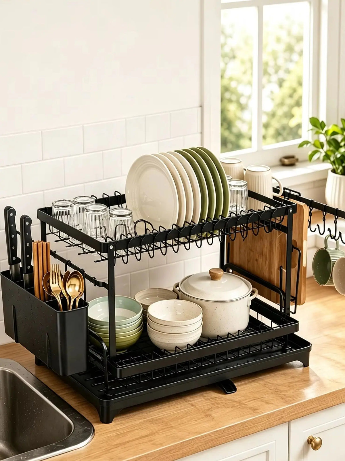 AEHOME Two Tier Kitchen Countertop Storage Rack With Drain Tray