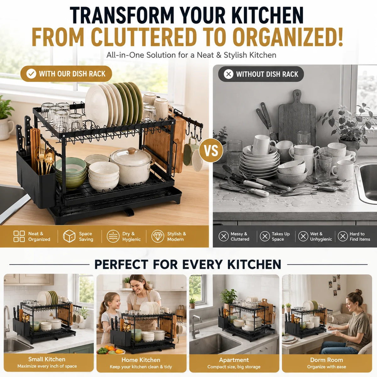 AEHOME Two Tier Kitchen Countertop Storage Rack With Drain Tray