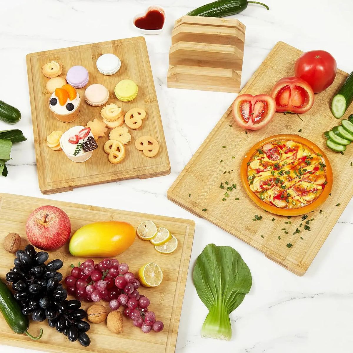 Premium Bamboo Cutting Boards Set With Stand And Deep Juice Grooves