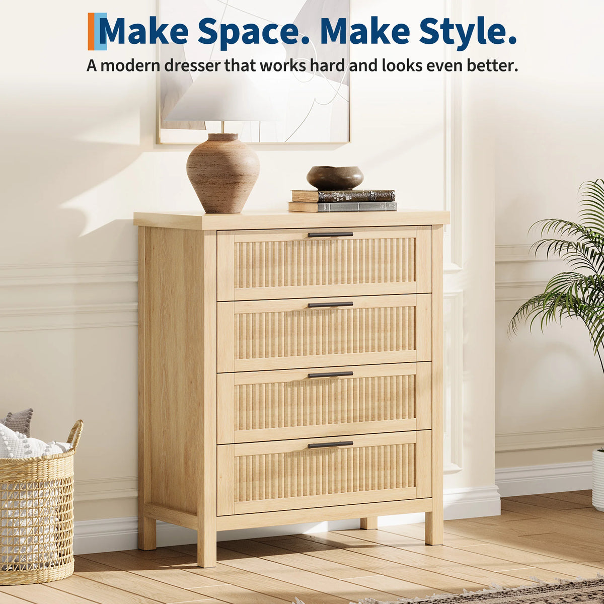 Fluted Wooden Dresser Featuring Deep Drawers For Bedroom Storage