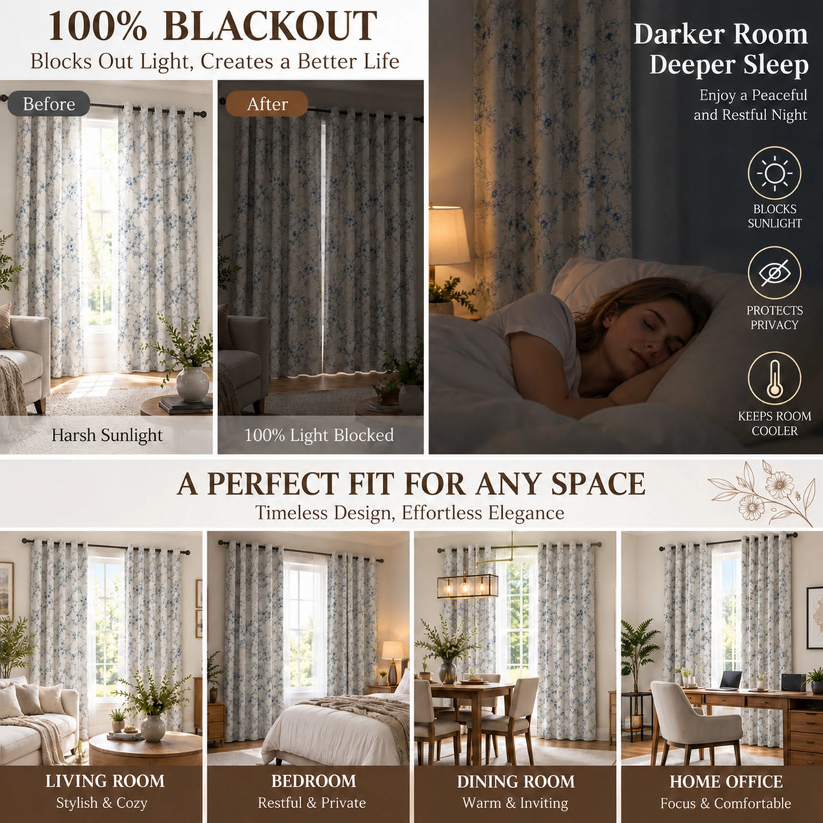 Floral Print Blackout Curtains With Thermal Insulation And Grommets
