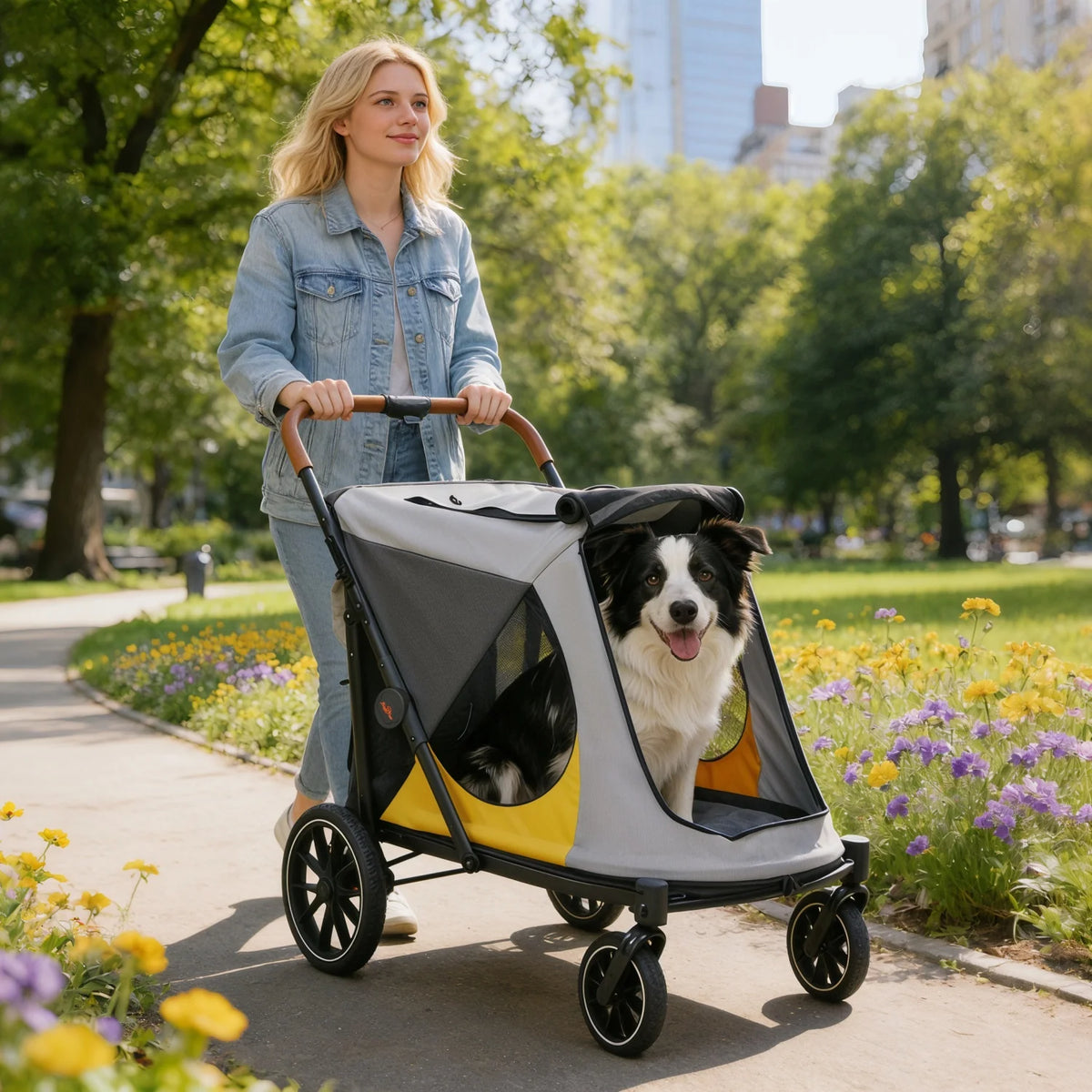 Foldable Dog Jogger Stroller With Storage Pockets And Wheels