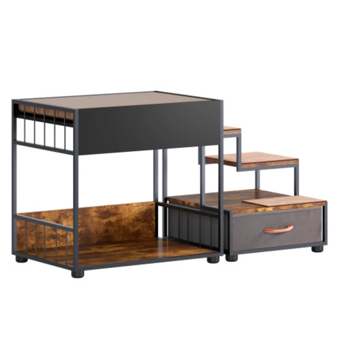 Multi-Level Elevated Dog Bunk Bed with Steps and Storage Drawer