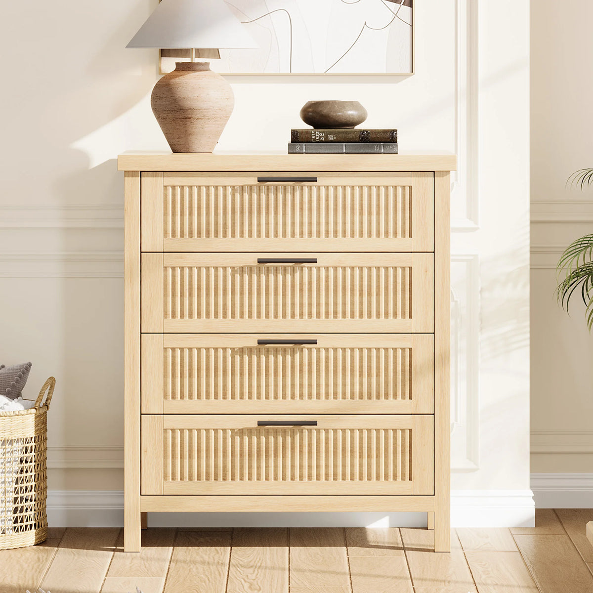 Fluted Wooden Dresser Featuring Deep Drawers For Bedroom Storage