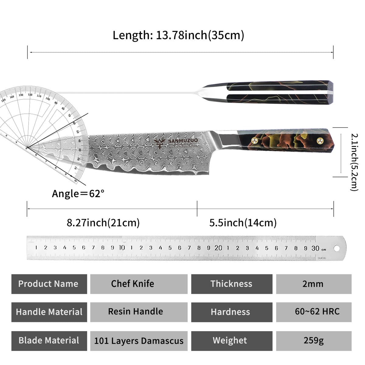 Sanmuzuo Damascus Steel Chef Knife With Comfortable Resin Handle