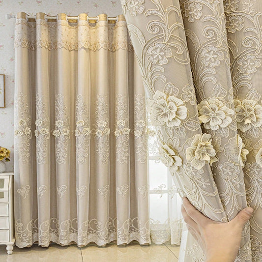 Luxury 3D Flower Embroidered Curtains With Valance Two Panels