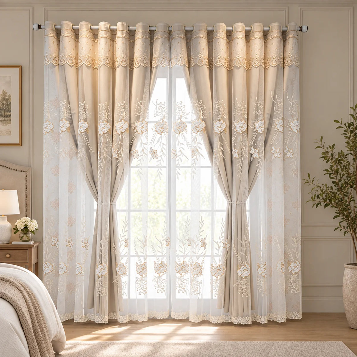 Floral Embossed Blackout Curtain With Grommet For Bedroom