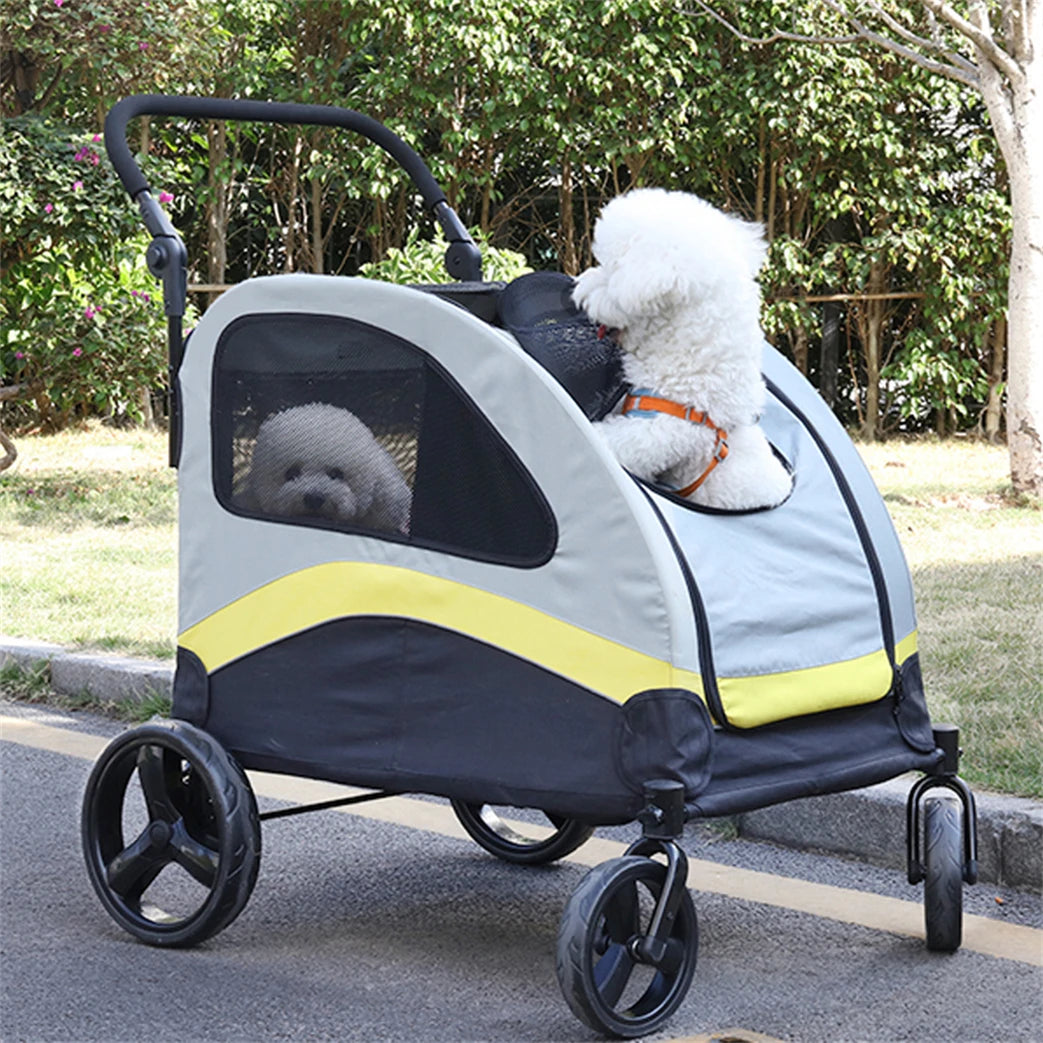 Foldable Four Wheel Dog Stroller With Shock Absorbing Swivel Wheels
