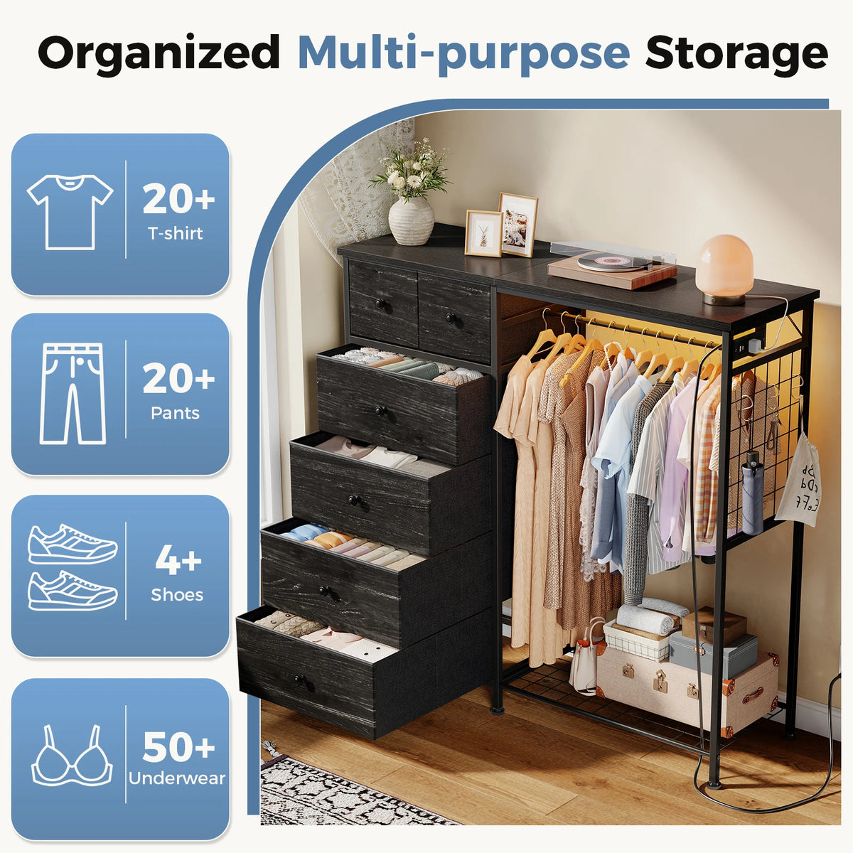JHK 6 Drawer Fabric Dresser With LED Charging Station