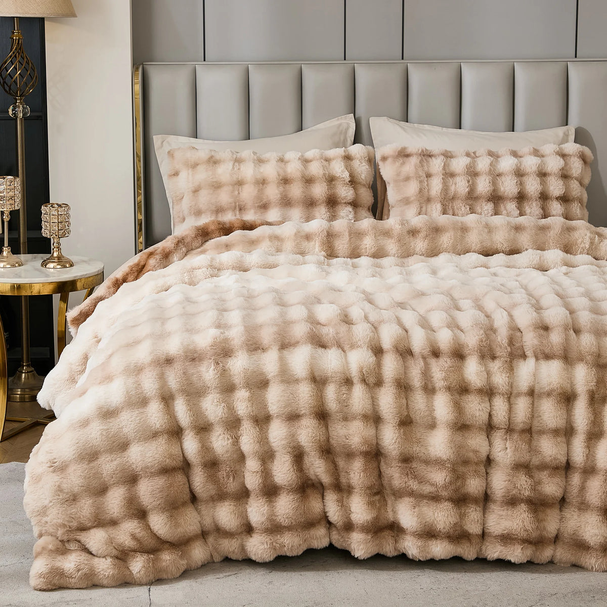 Luxury Fluffy Bubble Comforter Set With Shaggy Faux Fur Design