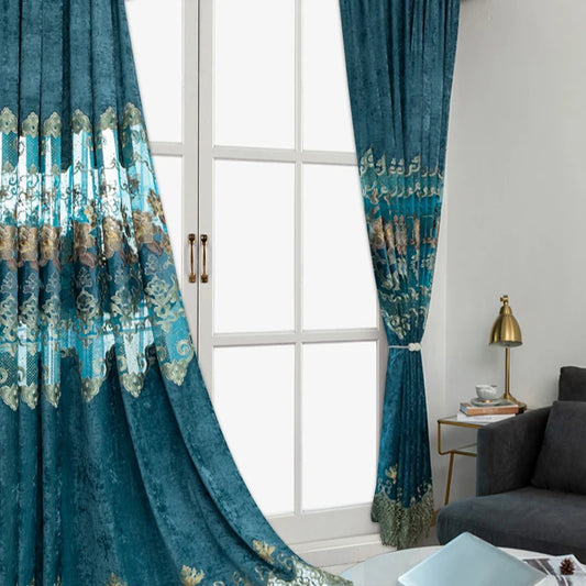 European Luxury Chenille Lace Embroidery Grommet Curtains Two Panels