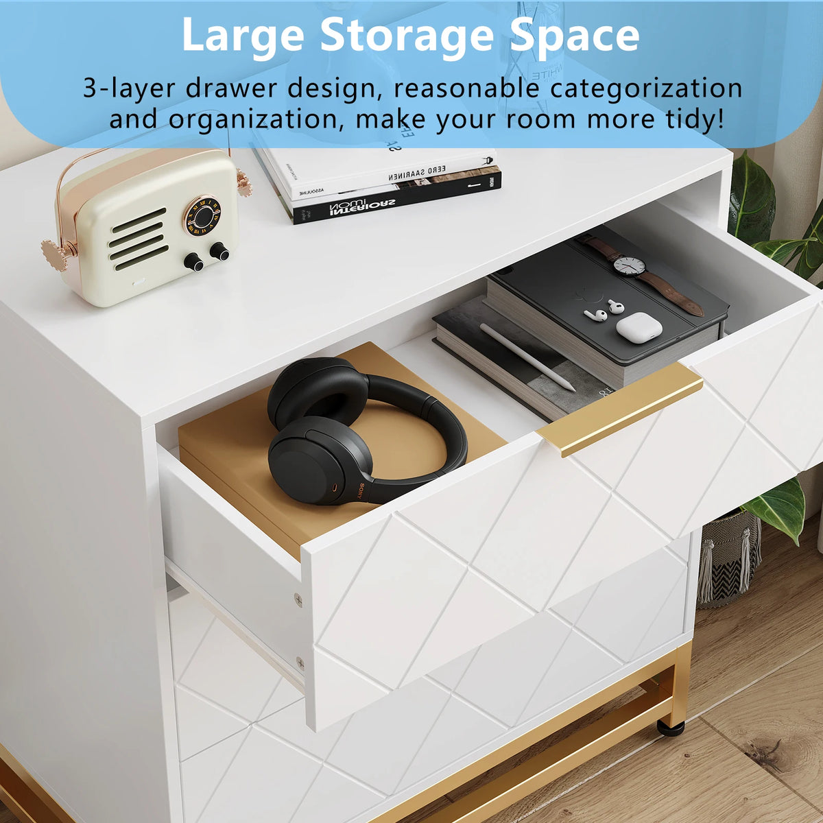 EliteZ Modern Three Drawers Bedroom Wooden Storage Dresser