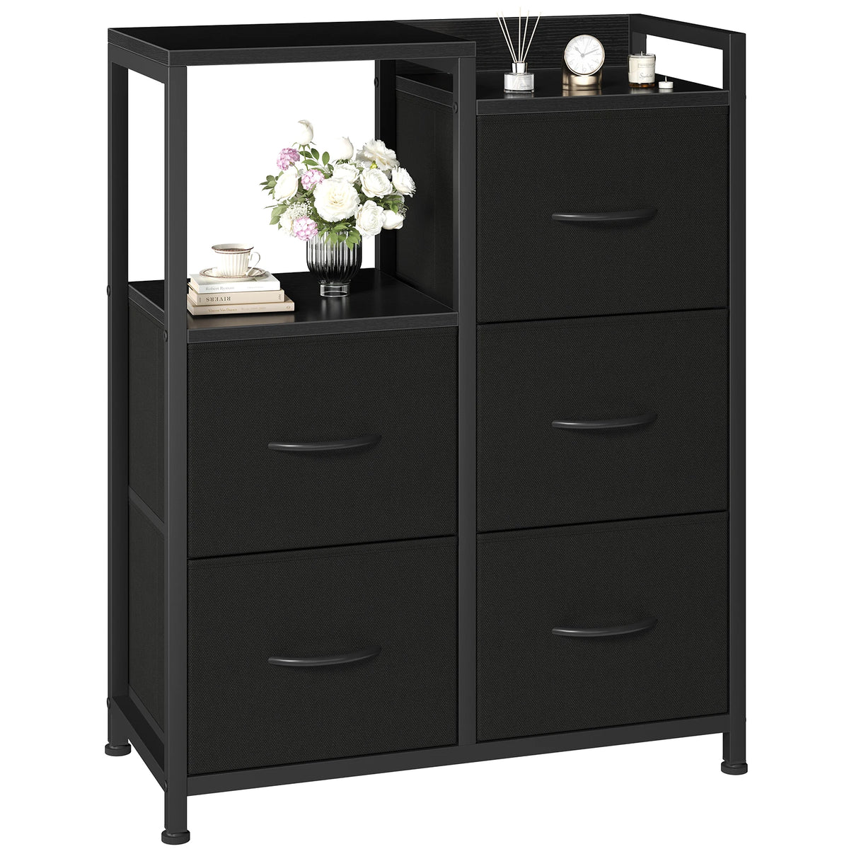 JHK Metal Frame Five Drawer Fabric Chest With Raised Shelf