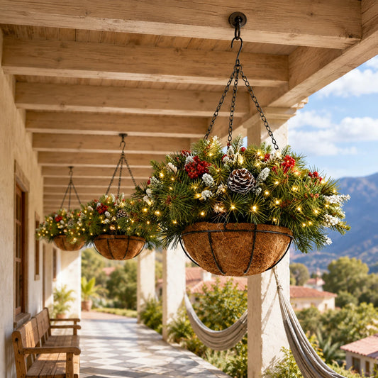Prelit Artificial Christmas Hanging Basket With LED String Lights