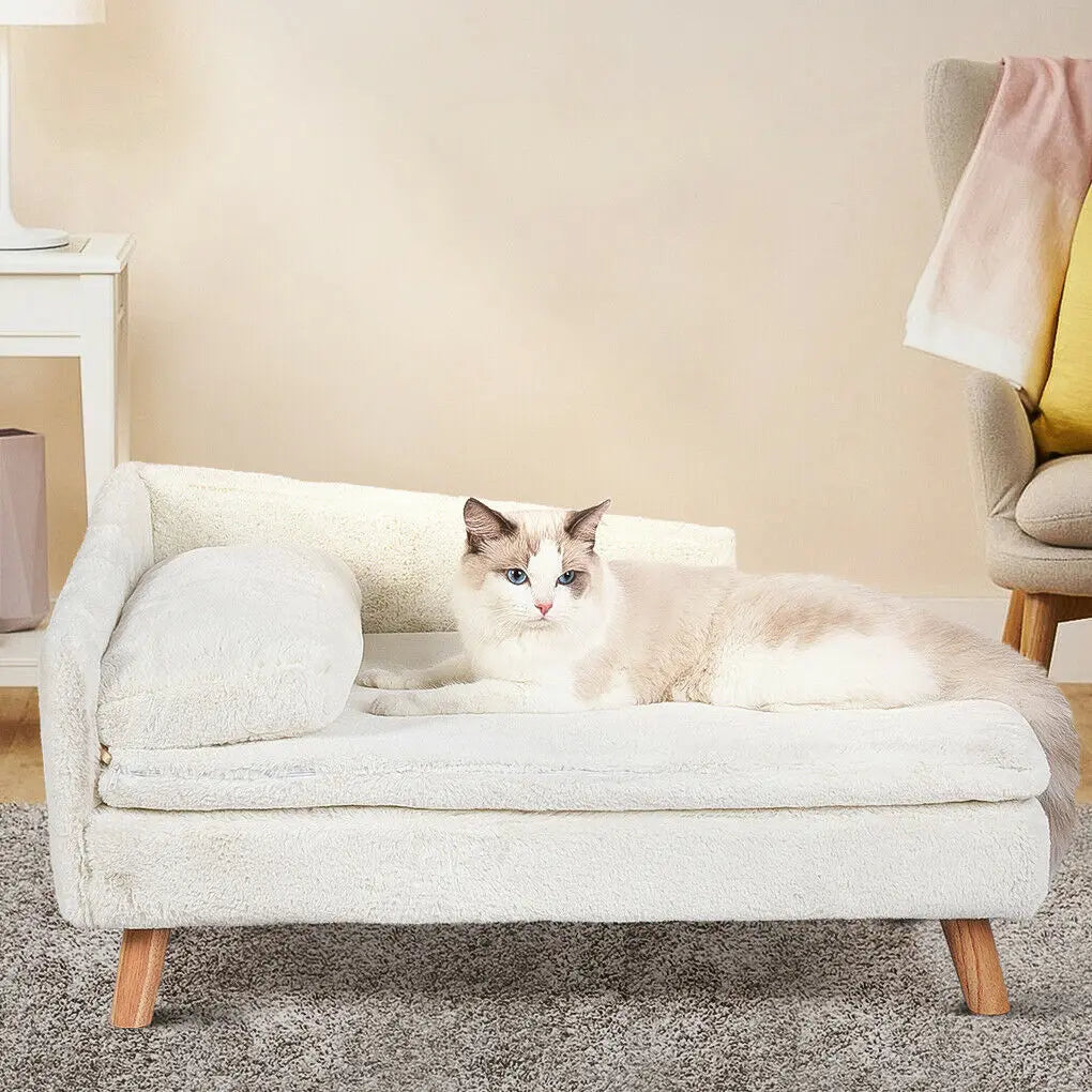 Elevated Wooden Pet Sofa Bed With Plush Cushion For Pets