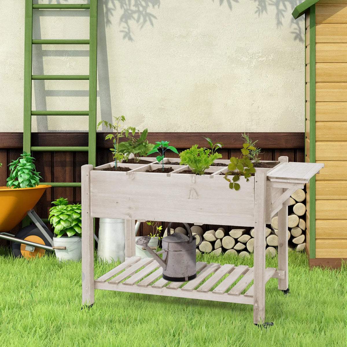 Outsunny Raised Garden Planter Box With Eight Grow Grids And Shelf