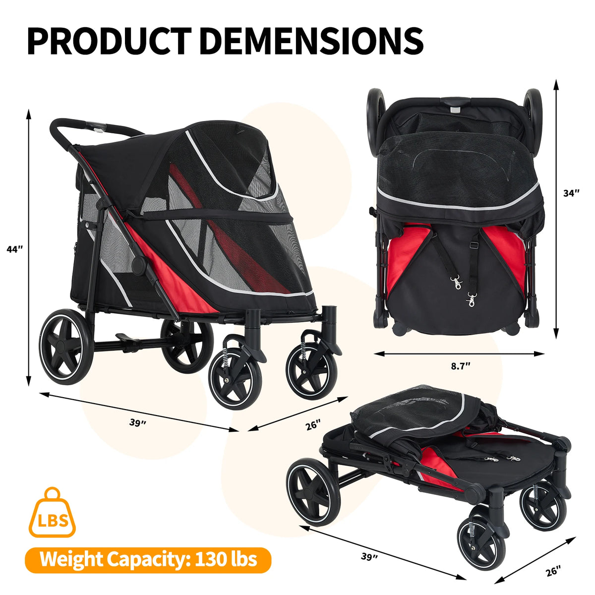 Foldable Dog Stroller with Adjustable Handle Canopy for Large Pets