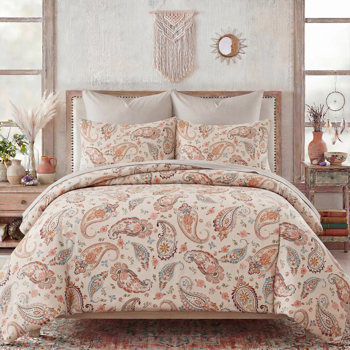 Vintage Floral 100% Cotton Duvet Cover Set Zipper 3 Piece