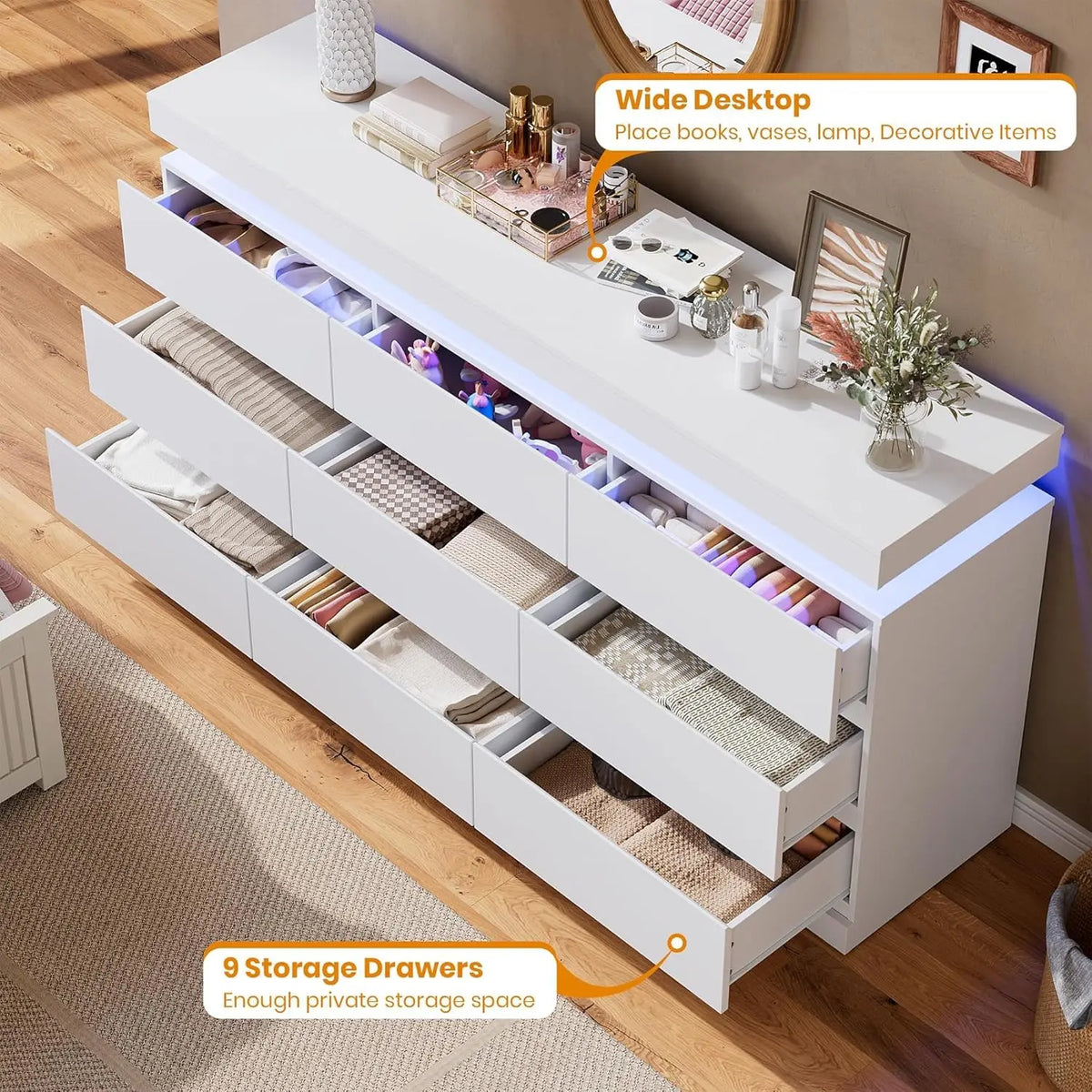 Acekool Nine Drawer Dresser With LED Lights And Charging Port