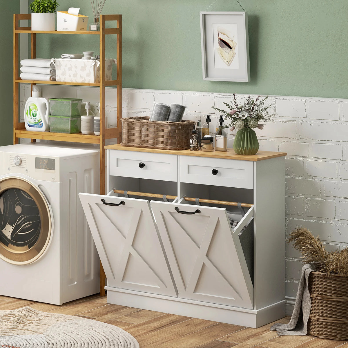 HOMCOM Double Tilt Out Laundry Hamper Cabinet With Dual Drawers