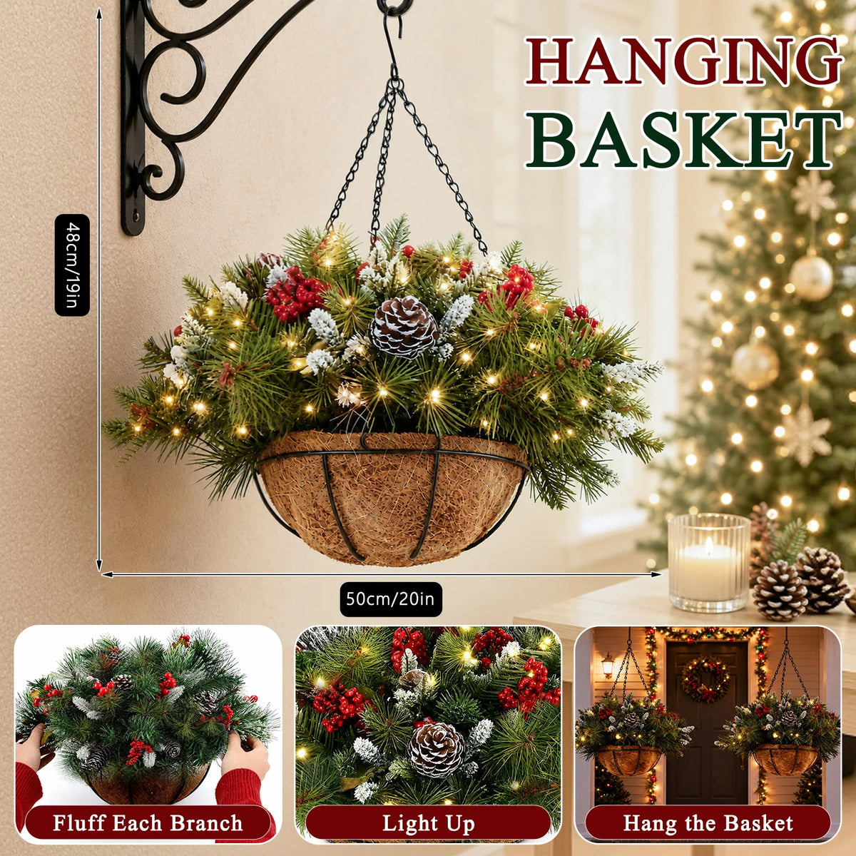 Prelit Artificial Christmas Hanging Basket With LED String Lights