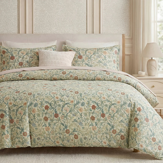 Cotton Duvet Cover Set With Floral Botanical Print Zipper Closure