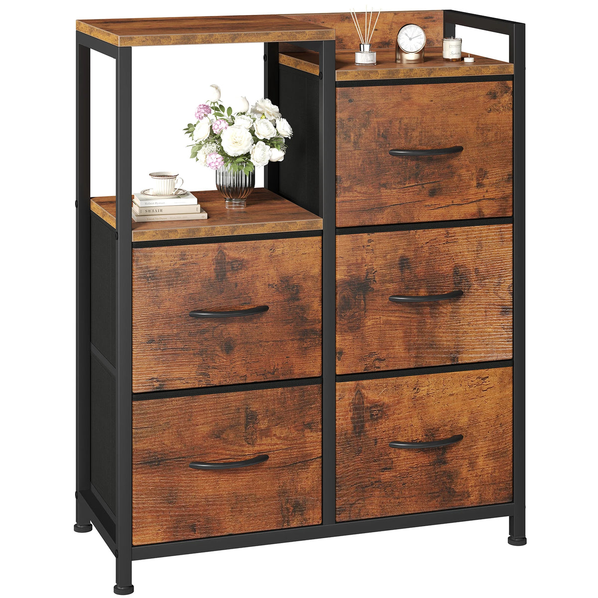 JHK Metal Frame Five Drawer Fabric Chest With Raised Shelf
