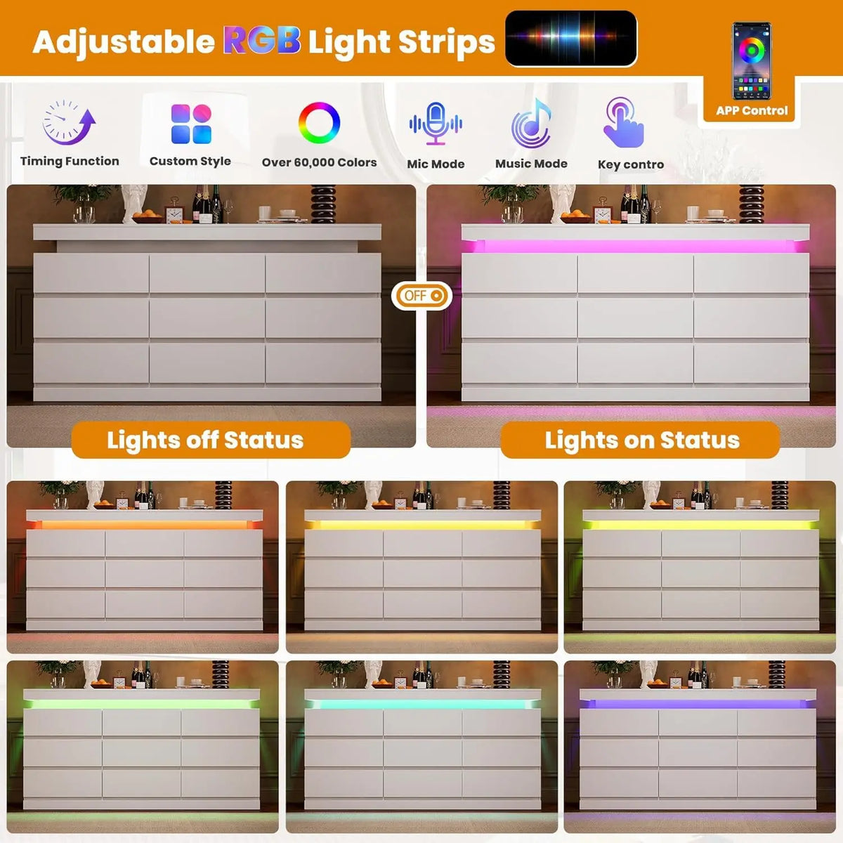 Acekool Nine Drawer Dresser With LED Lights And Charging Port
