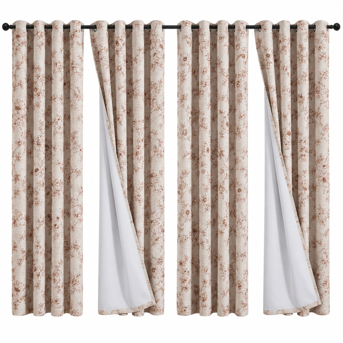 Floral Print Blackout Curtains With Thermal Insulation And Grommets