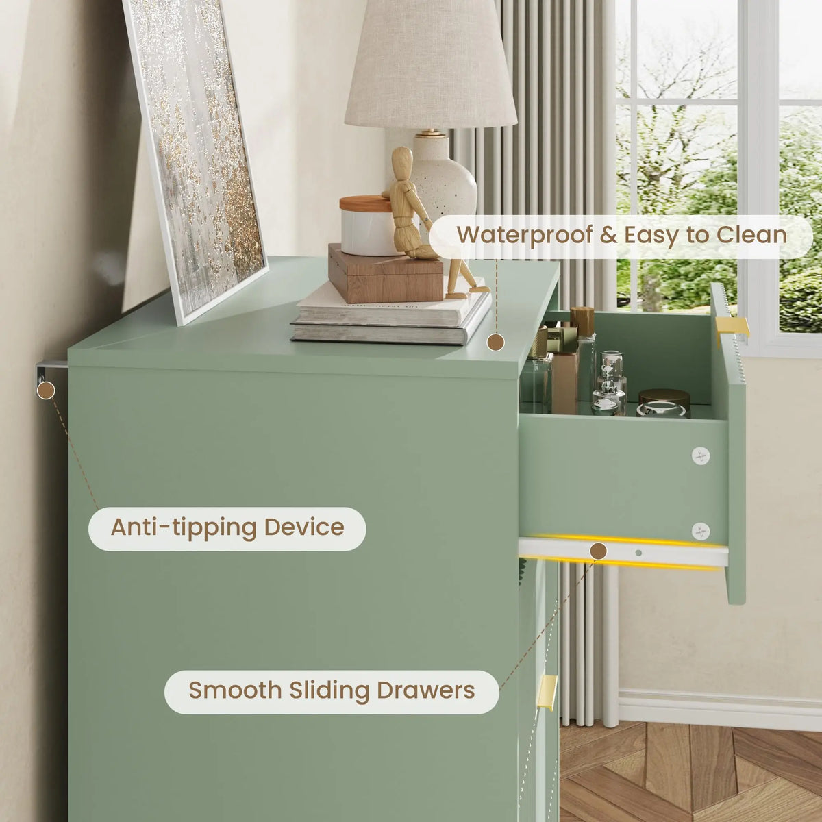 Gaomon Modern Fluted Five Drawer Wooden Storage Dresser