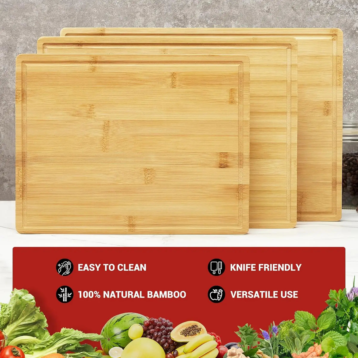Premium Bamboo Cutting Boards Set With Stand And Deep Juice Grooves